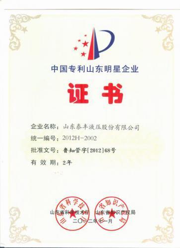 山东泰丰液压被评为中国专利山东明星企业单位